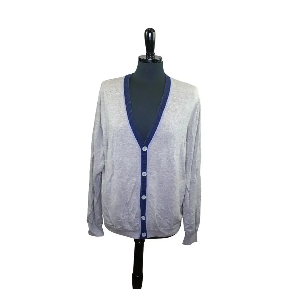 Vintage Perry Ellis V Neck Cardigan Sweater Gray Blue Preppy Classic L